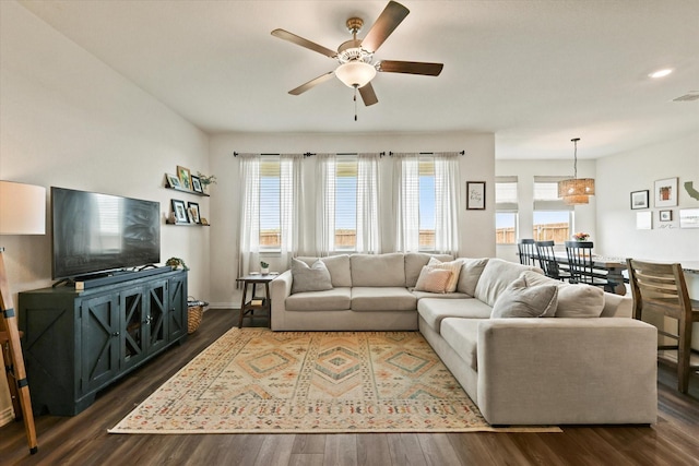 660 Ridgeback Trl, Fort Worth, TX 76052 - living area featuring a ceiling fan, plenty of natural light, and dark wood-style floors