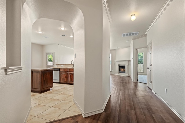 3228 Buckthorn Ln, Denton, TX 76226 - corridor featuring arched walkways, plenty of natural light, crown molding, light wood-style floors, and a textured wall