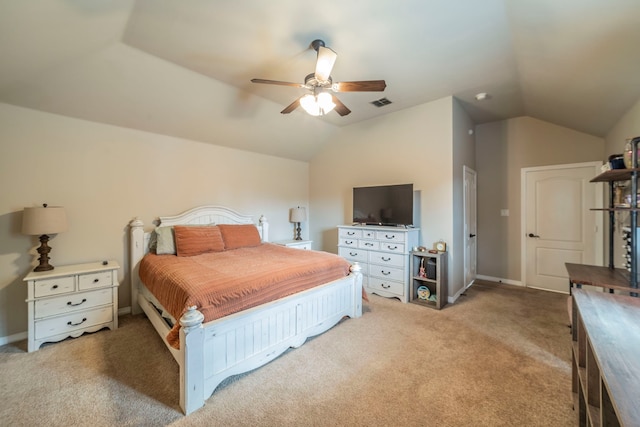 5872 Nathaniel Dr, Fort Worth, TX 76179 - bedroom featuring light colored carpet, vaulted ceiling, and ceiling fan