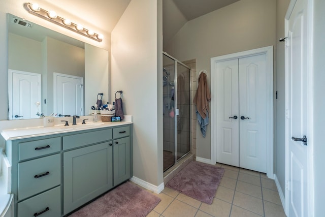 5872 Nathaniel Dr, Fort Worth, TX 76179 - full bath with vanity, a stall shower, tile patterned floors, and lofted ceiling