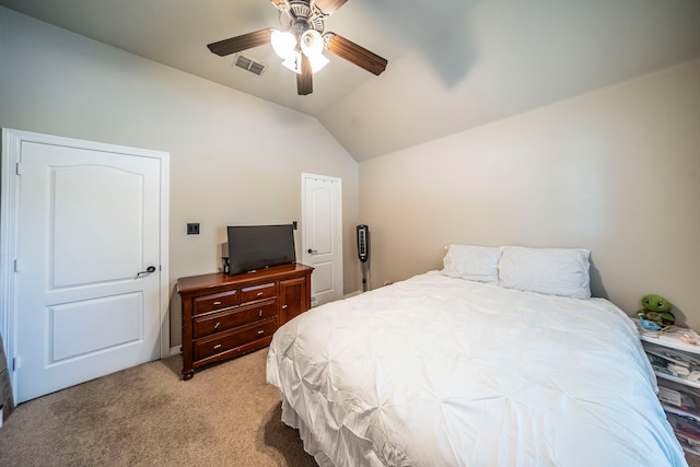 5872 Nathaniel Dr, Fort Worth, TX 76179 - bedroom featuring vaulted ceiling, light colored carpet, and ceiling fan