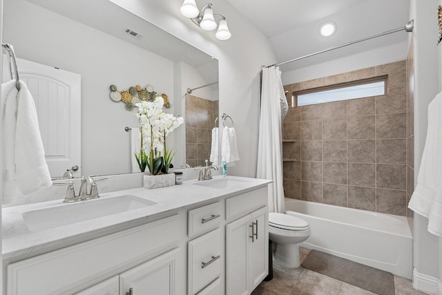 3804 Driftwood Ln, Northlake, TX 76226 - bathroom with shower / bath combo with shower curtain, double vanity, and tile patterned flooring