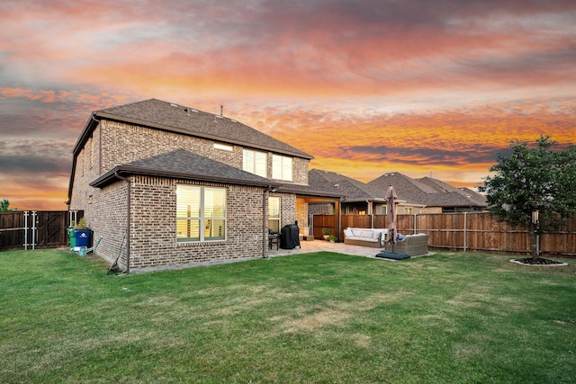 3804 Driftwood Ln, Northlake, TX 76226 - back of house at dusk featuring an outdoor hangout area, brick siding, a fenced backyard, a patio area, and a shingled roof