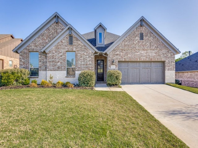 2112 Deer Run, Gunter, TX 75058 - view of front of home featuring brick siding, driveway, a garage, a front yard, and roof with shingles