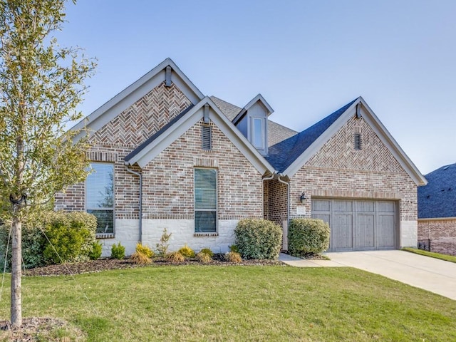 2112 Deer Run, Gunter, TX 75058 - view of front of home with brick siding, concrete driveway, a front yard, a garage, and roof with shingles