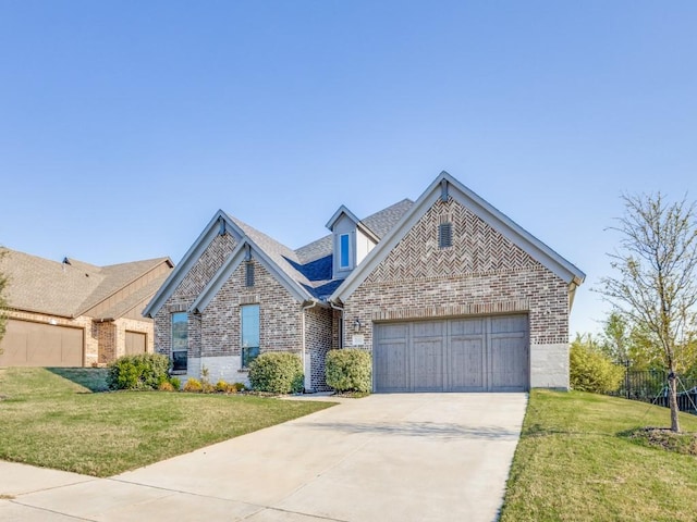 2112 Deer Run, Gunter, TX 75058 - view of front of house featuring brick siding, a garage, driveway, a front lawn, and roof with shingles