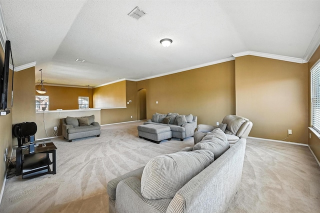 1906 Walnut Hills Ln, Mansfield, TX 76063 - living room with carpet floors, arched walkways, lofted ceiling, and ornamental molding