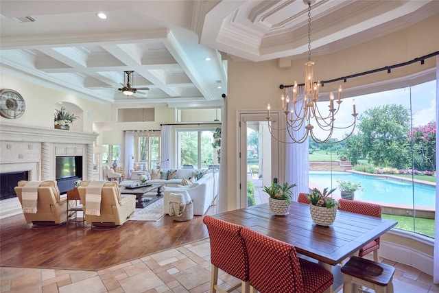5 Savannah Ridge Dr, Frisco, TX 75034 - dining area featuring crown molding, a brick fireplace, coffered ceiling, beam ceiling, and a chandelier
