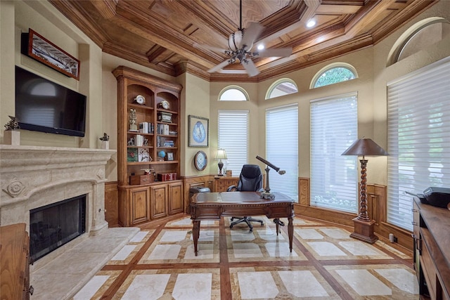5 Savannah Ridge Dr, Frisco, TX 75034 - office space featuring inlaid floor details, ceiling fan, crown molding, built in features, and wood ceiling