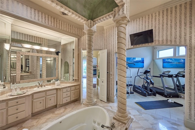 5 Savannah Ridge Dr, Frisco, TX 75034 - full bath with decorative columns, a jetted tub, vanity, wallpapered walls, and ornamental molding