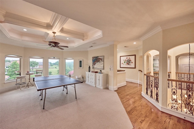 5 Savannah Ridge Dr, Frisco, TX 75034 - recreation room featuring crown molding, ceiling fan, coffered ceiling, recessed lighting, and light wood finished floors