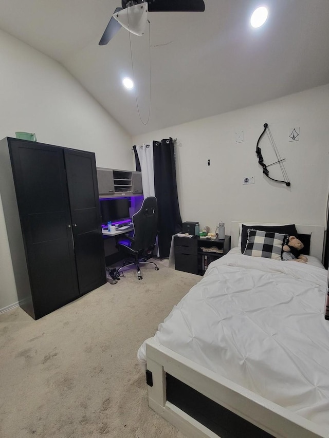 700 Auburndale Dr, Euless, TX 76040 - carpeted bedroom with lofted ceiling, a ceiling fan, and recessed lighting