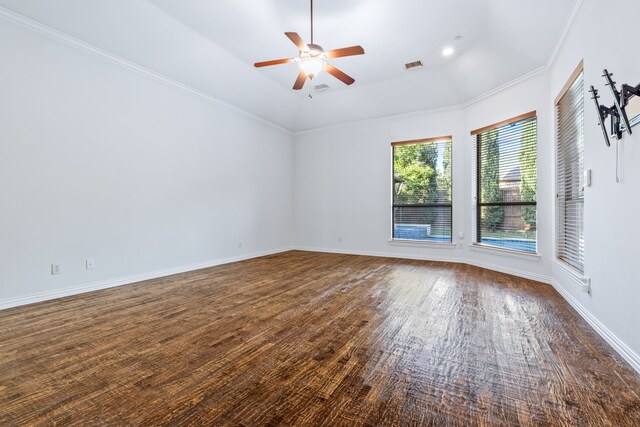 4205 Midpark Ln, Plano, TX 75074 - spare room featuring a ceiling fan, wood finished floors, and ornamental molding
