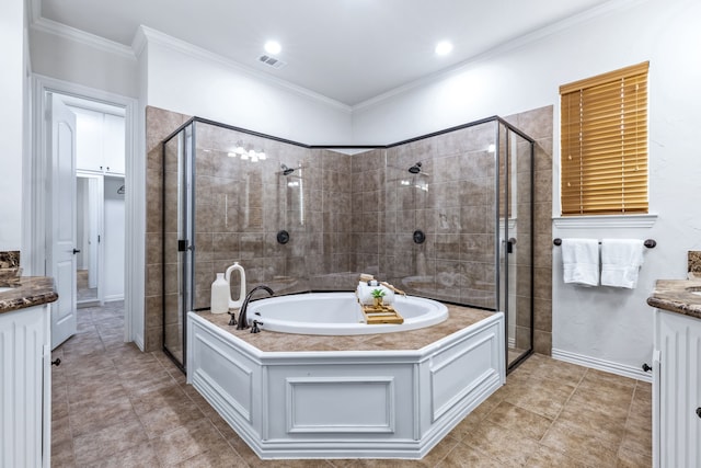 4205 Midpark Ln, Plano, TX 75074 - full bathroom featuring vanity, a stall shower, a bath, ornamental molding, and tile patterned floors