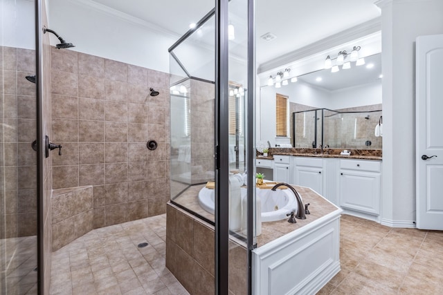 4205 Midpark Ln, Plano, TX 75074 - bathroom with a shower stall, a garden tub, vanity, ornamental molding, and tile patterned flooring