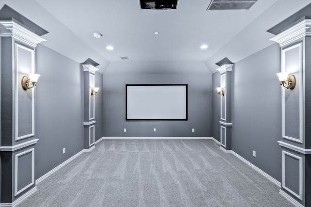 4205 Midpark Ln, Plano, TX 75074 - carpeted home theater with ornate columns, vaulted ceiling, and recessed lighting