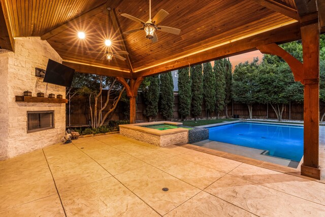4205 Midpark Ln, Plano, TX 75074 - view of pool with a fenced backyard, ceiling fan, a patio, a pool with connected hot tub, and a gazebo