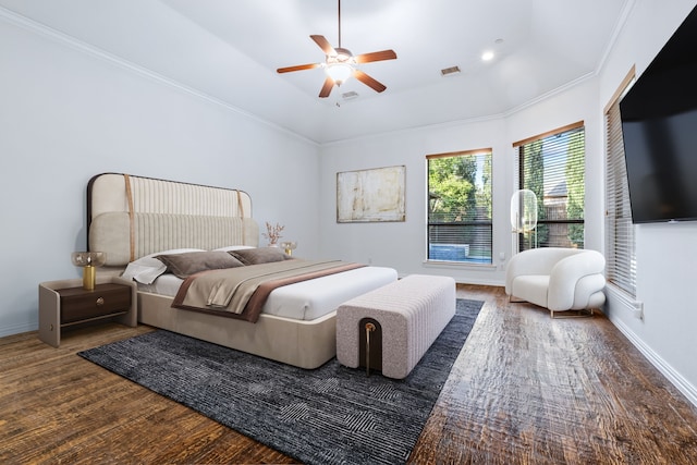 4205 Midpark Ln, Plano, TX 75074 - bedroom with wood finished floors, crown molding, a ceiling fan, recessed lighting, and a tray ceiling