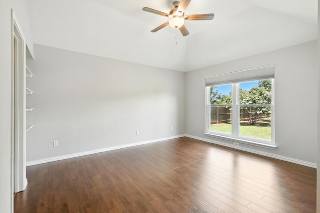 638 Lakeshore Blvd, Oak Point, TX 75068 - empty room with vaulted ceiling, a ceiling fan, and dark wood-type flooring