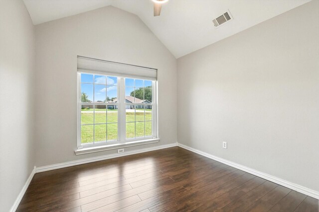 638 Lakeshore Blvd, Oak Point, TX 75068 - empty room with lofted ceiling, dark wood-type flooring, and a ceiling fan