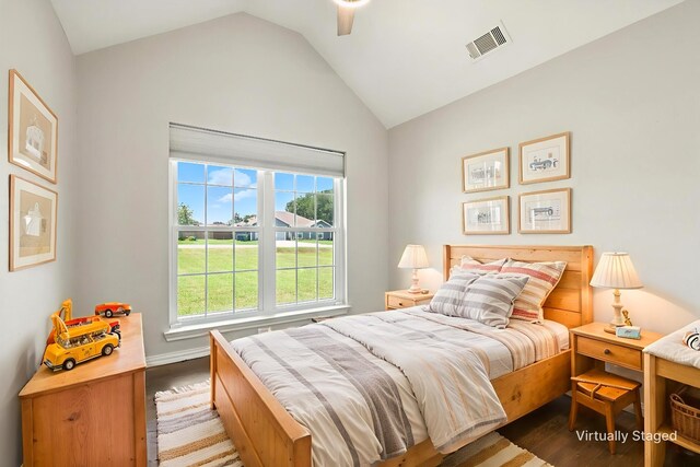 638 Lakeshore Blvd, Oak Point, TX 75068 - bedroom with wood finished floors, lofted ceiling, and a ceiling fan