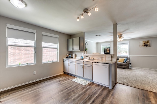 8426 Jacaranda Way, Arlington, TX 76002 - kitchen with dishwasher, wood finished floors, open floor plan, light countertops, and gray cabinets