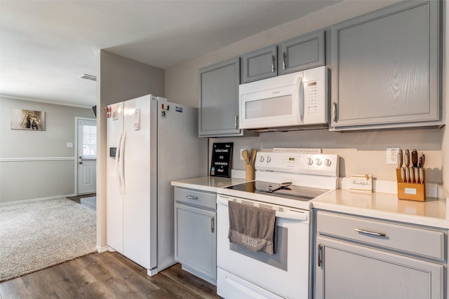 8426 Jacaranda Way, Arlington, TX 76002 - kitchen featuring white appliances, gray cabinetry, dark wood-style floors, and light countertops