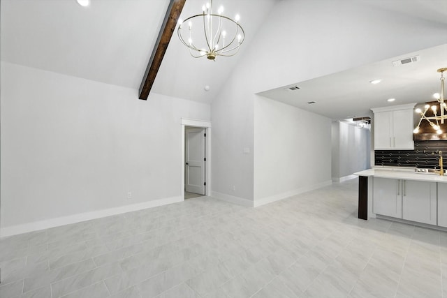 3836 Burnice Dr, Fort Worth, TX 76119 - unfurnished living room with a chandelier, high vaulted ceiling, beamed ceiling, recessed lighting, and light floors