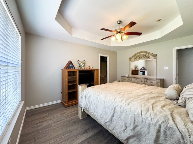 614 Torero Dr, Oak Point, TX 75068 - bedroom featuring a raised ceiling, dark wood-style flooring, multiple windows, and a ceiling fan