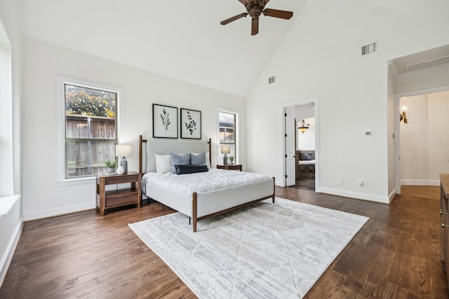 8012 Rushing Spring Dr, North Richland Hills, TX 76182 - bedroom featuring high vaulted ceiling, multiple windows, dark wood finished floors, and a ceiling fan