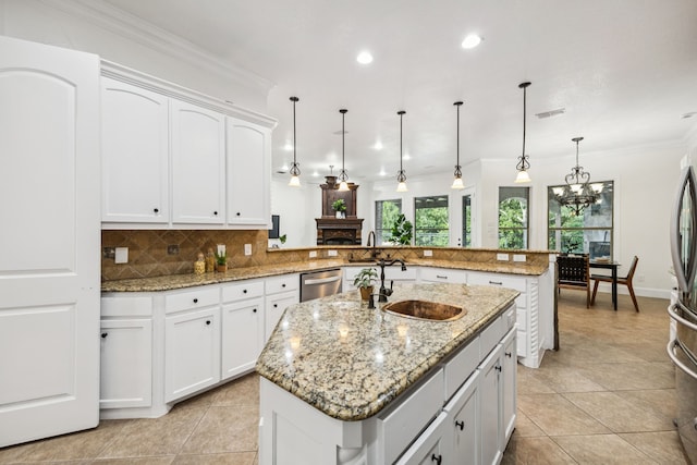 8012 Rushing Spring Dr, North Richland Hills, TX 76182 - kitchen with stainless steel dishwasher, a peninsula, a kitchen island with sink, backsplash, and light tile patterned flooring