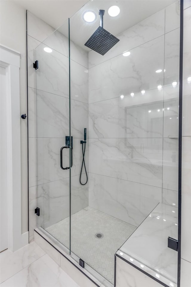 5223 Fletcher Ave, Fort Worth, TX 76107 - bathroom featuring a marble finish shower and marble finish flooring