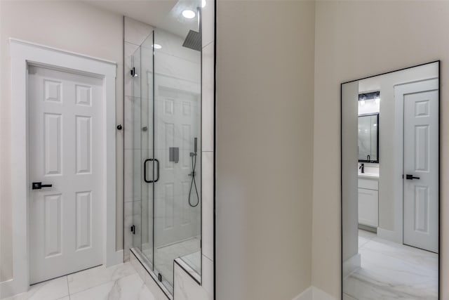 5223 Fletcher Ave, Fort Worth, TX 76107 - full bath with marble look tiles, a stall shower, and vanity