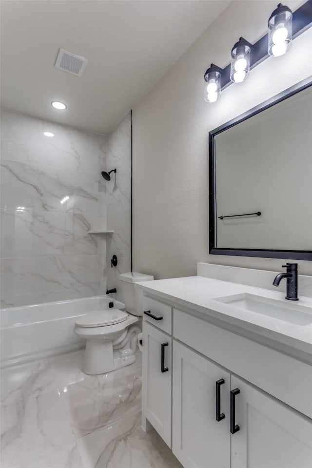 5223 Fletcher Ave, Fort Worth, TX 76107 - bathroom featuring vanity, bathtub / shower combination, marble finish floors, and recessed lighting