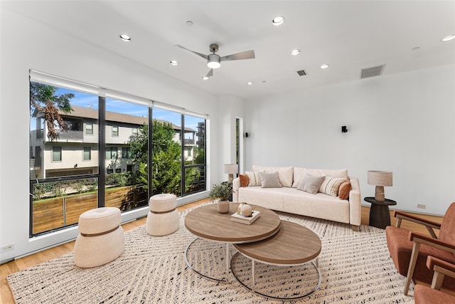 1505 N Haskell Ave Unit 5, Dallas, TX 75204 - living area featuring light wood-style flooring, ceiling fan, and recessed lighting