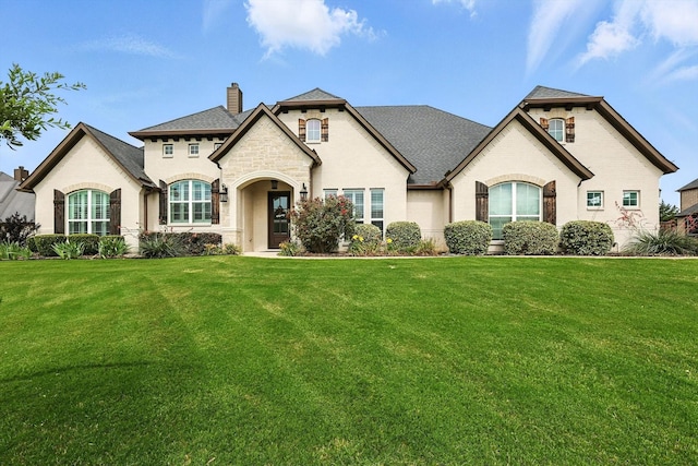 2941 American Sparrow Dr, Midlothian, TX 76065 - french country home with a chimney, a front yard, brick siding, and stone siding