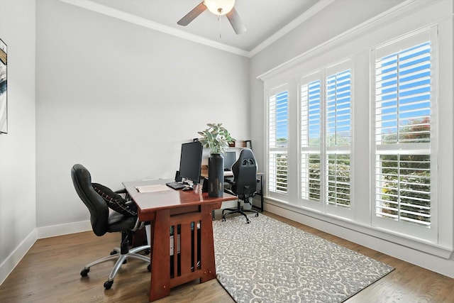 2941 American Sparrow Dr, Midlothian, TX 76065 - office area with ornamental molding, ceiling fan, and wood finished floors