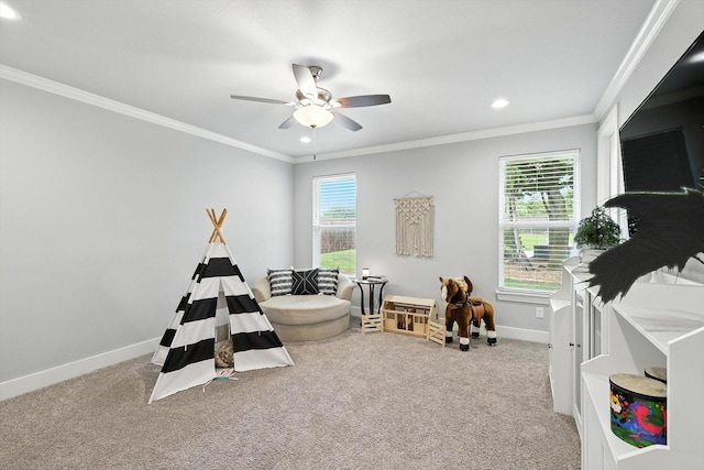 2941 American Sparrow Dr, Midlothian, TX 76065 - game room with carpet flooring, ceiling fan, recessed lighting, and crown molding