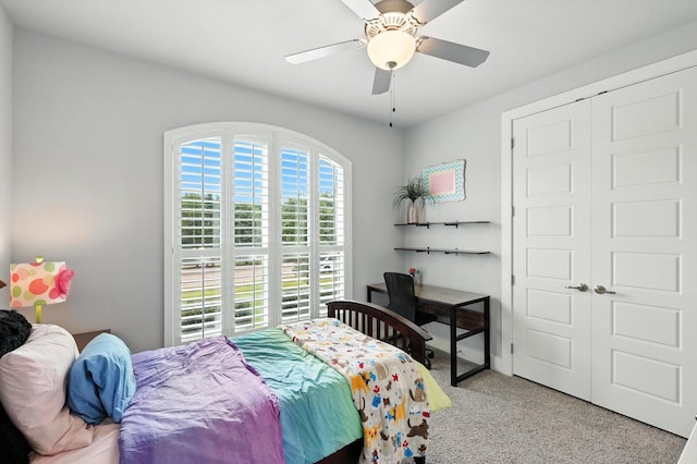 2941 American Sparrow Dr, Midlothian, TX 76065 - bedroom featuring light carpet, a closet, and a ceiling fan