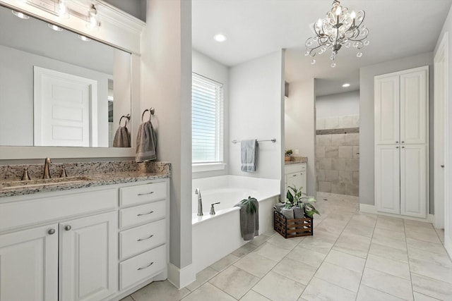 2941 American Sparrow Dr, Midlothian, TX 76065 - bathroom with vanity, a garden tub, walk in shower, a chandelier, and tile patterned flooring