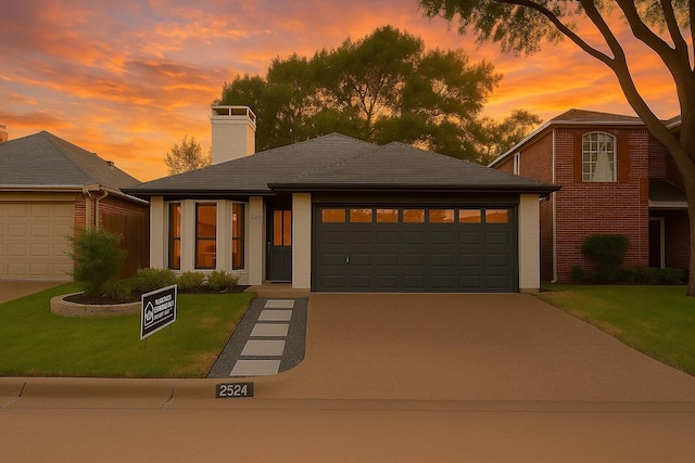 2524 Bear Haven Dr, Grapevine, TX 76051 - view of front of home with a garage, concrete driveway, a front yard, and a chimney