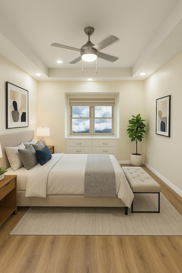 2524 Bear Haven Dr, Grapevine, TX 76051 - bedroom with light wood-style floors, recessed lighting, a raised ceiling, and ceiling fan