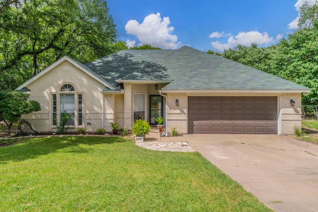 1405 Scotland Ave, Azle, TX 76020 - ranch-style home with brick siding, an attached garage, driveway, a front yard, and a shingled roof