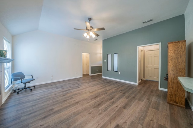 1405 Scotland Ave, Azle, TX 76020 - unfurnished office with lofted ceiling, ceiling fan, and wood finished floors
