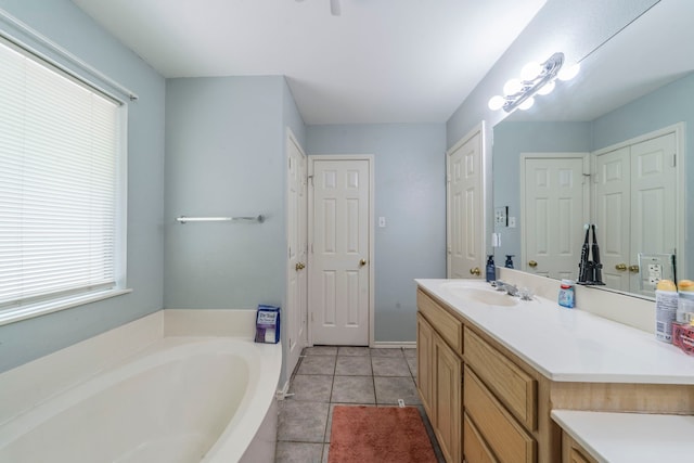 1405 Scotland Ave, Azle, TX 76020 - bathroom with vanity, a garden tub, tile patterned flooring, and a closet