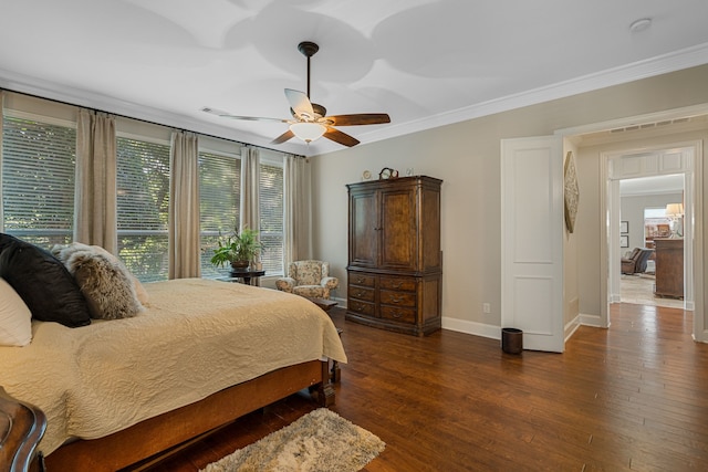 504 Rainforest Ln, Allen, TX 75013 - bedroom featuring ornamental molding, dark wood-type flooring, and a ceiling fan