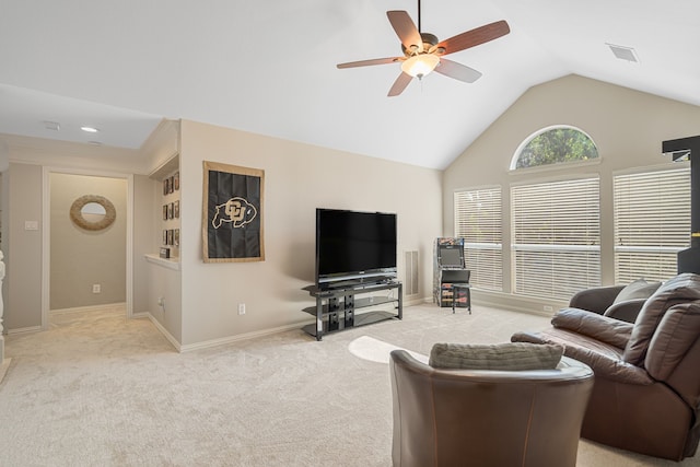 504 Rainforest Ln, Allen, TX 75013 - living area with ceiling fan, vaulted ceiling, and light colored carpet
