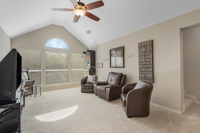 504 Rainforest Ln, Allen, TX 75013 - living area featuring ceiling fan, carpet flooring, and lofted ceiling