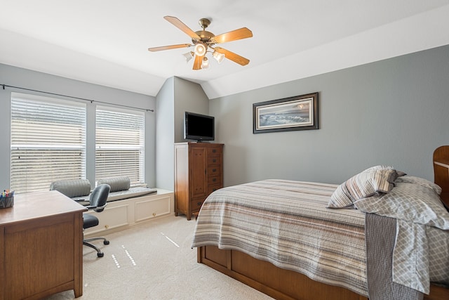 504 Rainforest Ln, Allen, TX 75013 - bedroom featuring light colored carpet, lofted ceiling, an office area, and ceiling fan