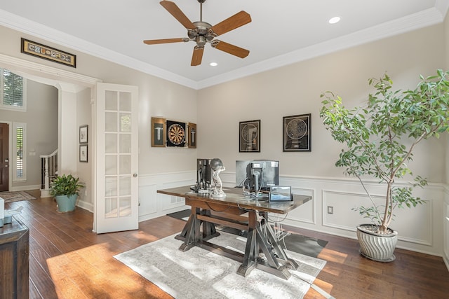 504 Rainforest Ln, Allen, TX 75013 - office with a ceiling fan, dark wood-type flooring, recessed lighting, a wainscoted wall, and ornamental molding
